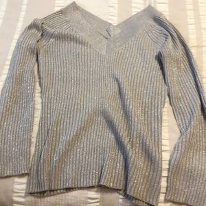 New York & company Sparkly silver ribbed v-neck sweater